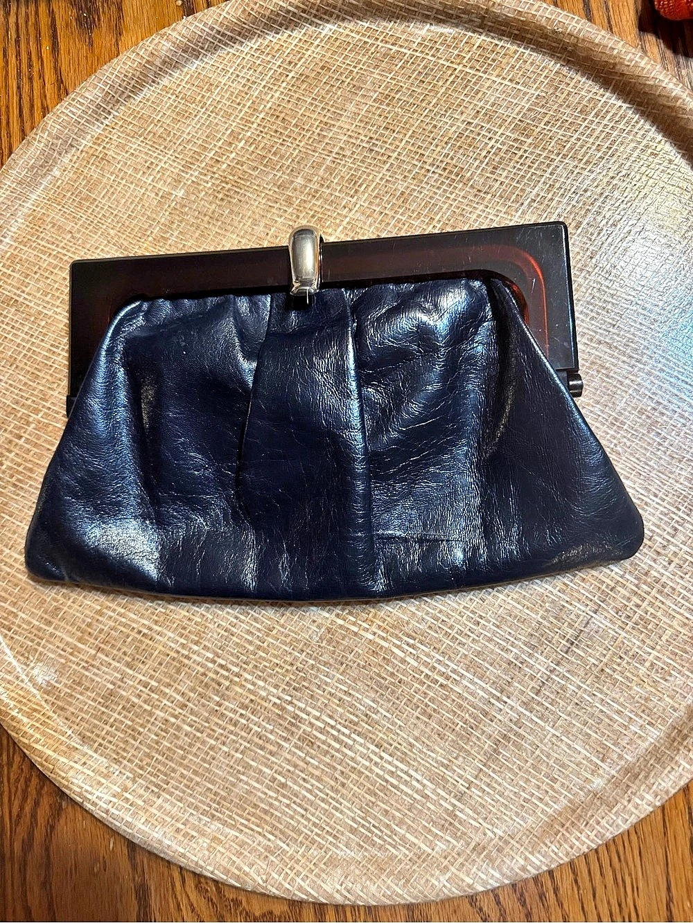 Vintage 1950s/1960s Navy Blue Evening Clutch – Faux Tortoiseshell Lucite Frame